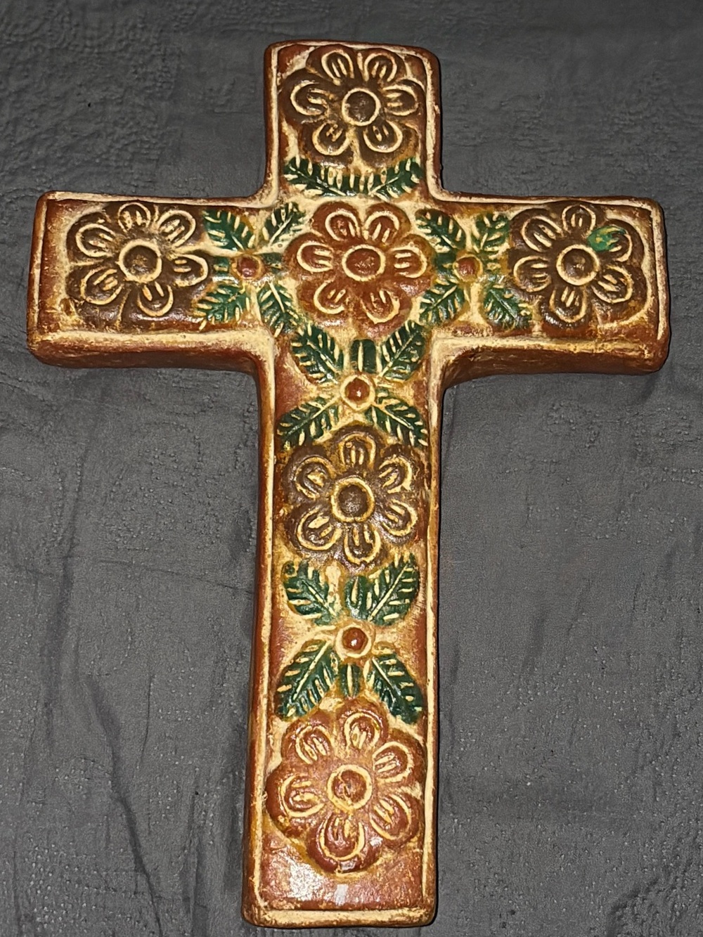 Large Heavy Vintage Hand Painted Floral Pottery Wall Cross
